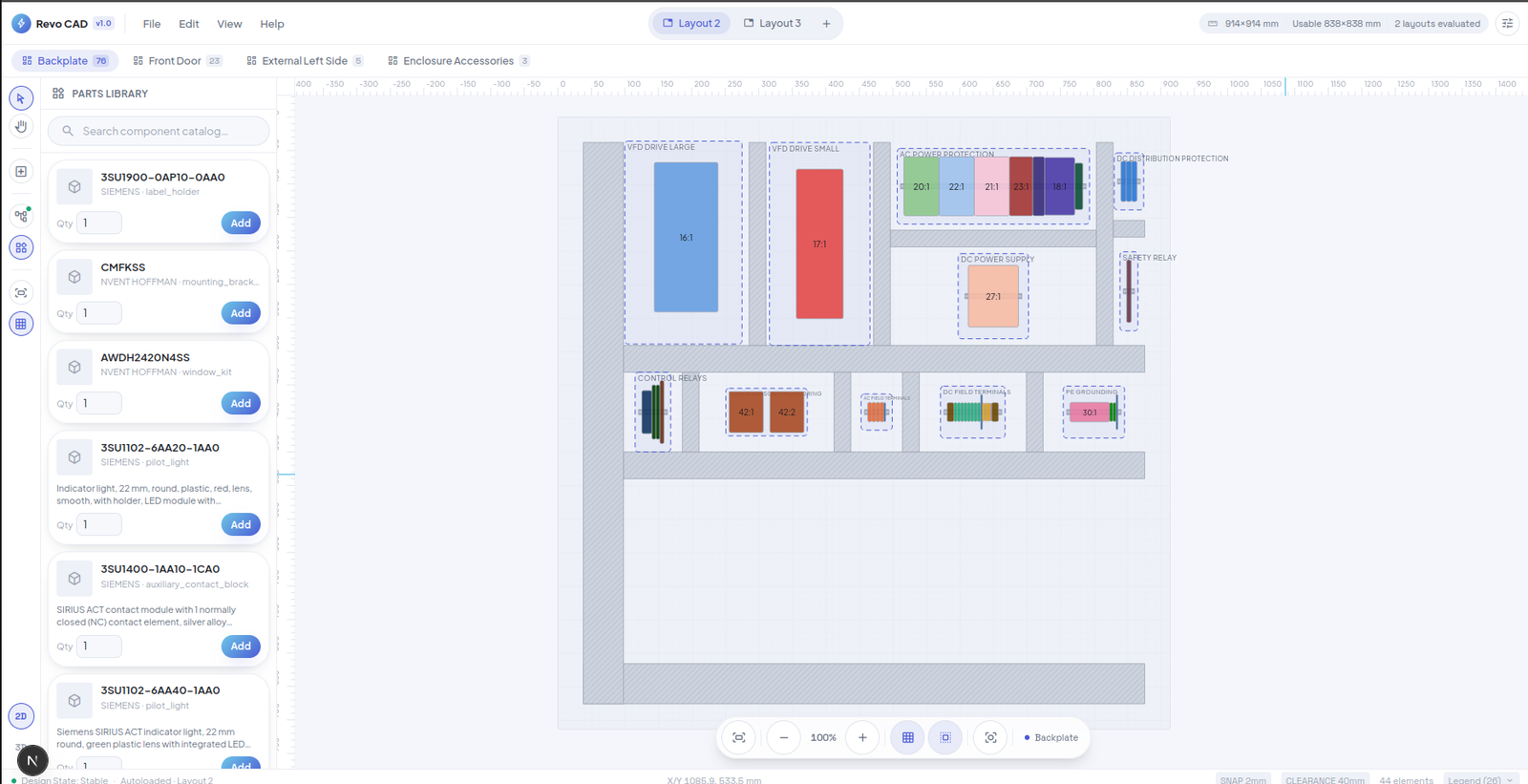 Revo Playground — the 2D layout editor with parts library and enclosure faces